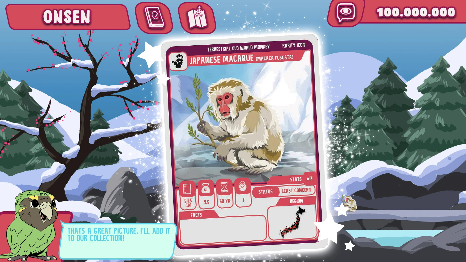 Japanese Macaque collectible card reveal in the Onsen scene