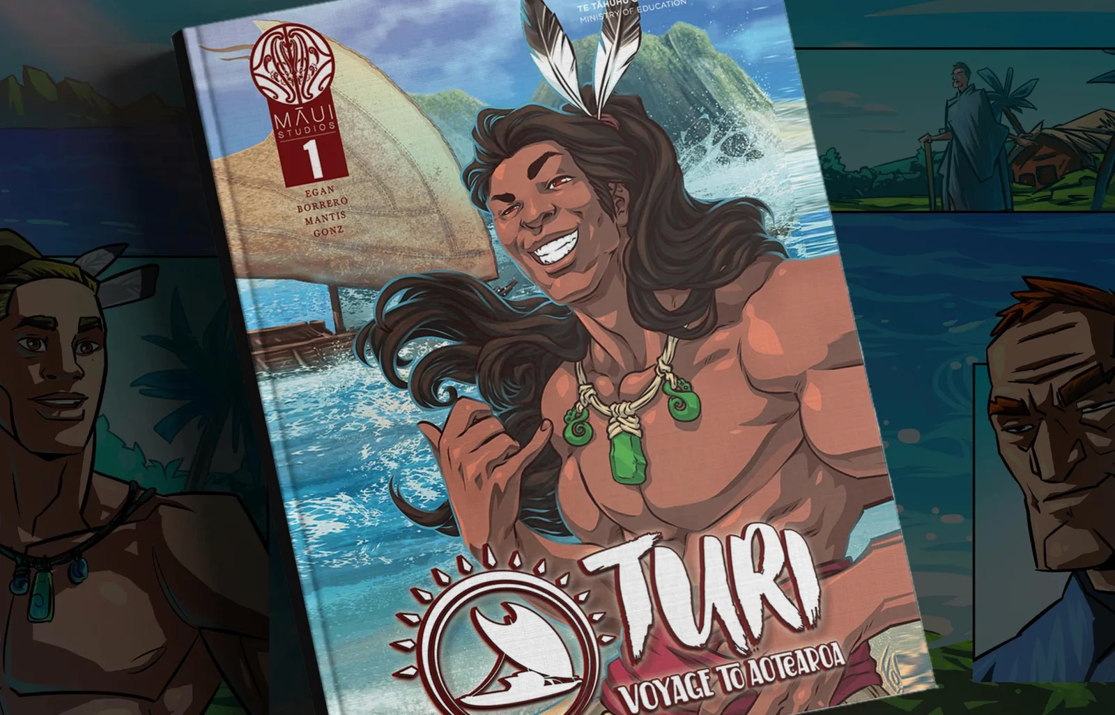 Turi Voyage to Aotearoa comic cover artwork photographed at an angle.