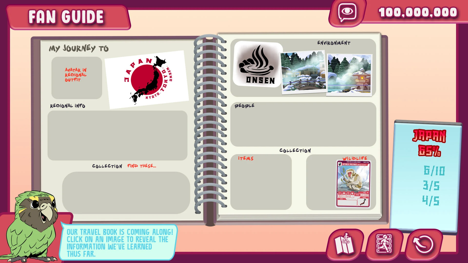 In-game Fan Guide travel journal showing the Japan region