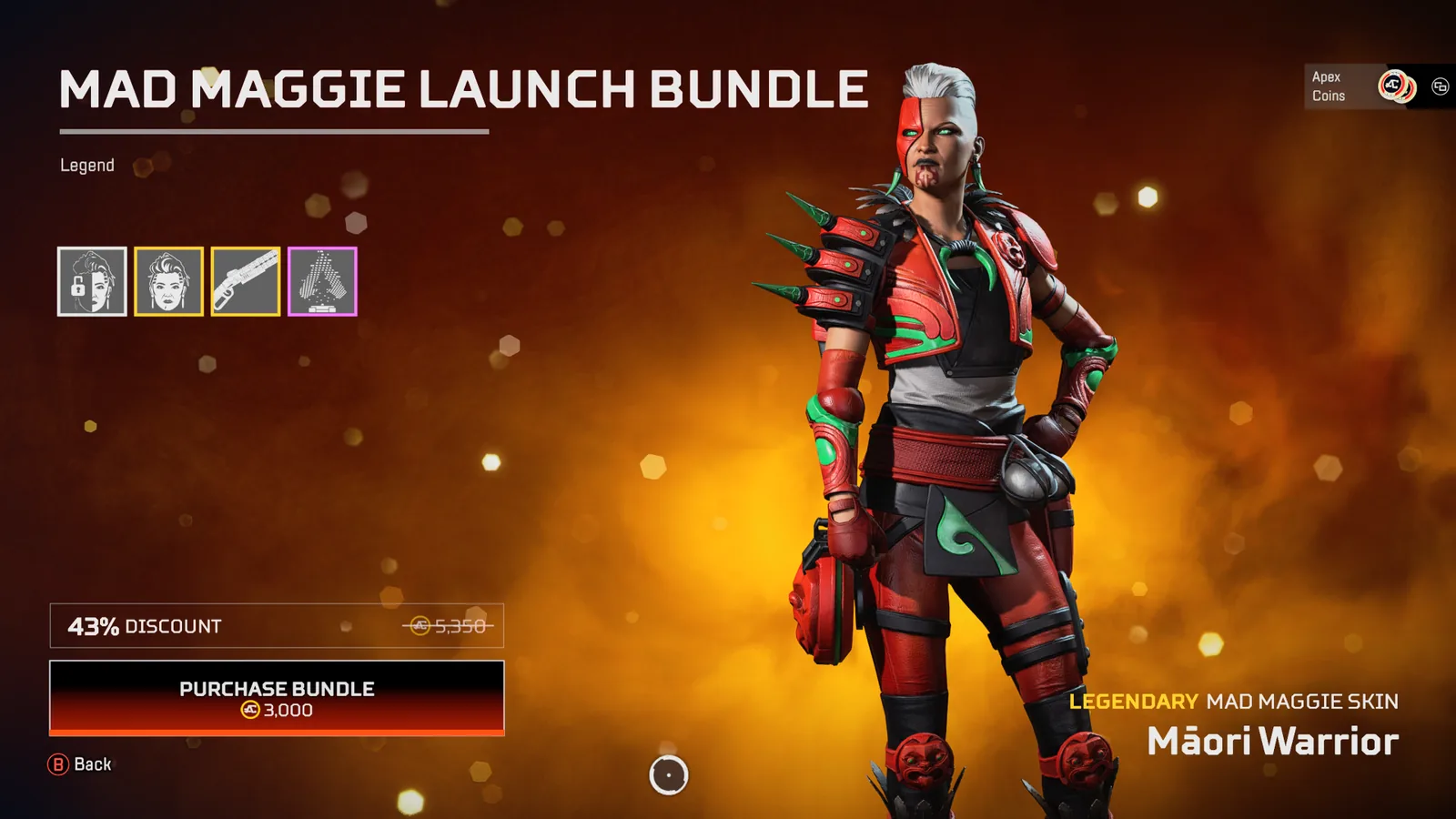 Mad Maggie Launch Bundle screen - Legendary Māori Warrior skin in red and pounamu green