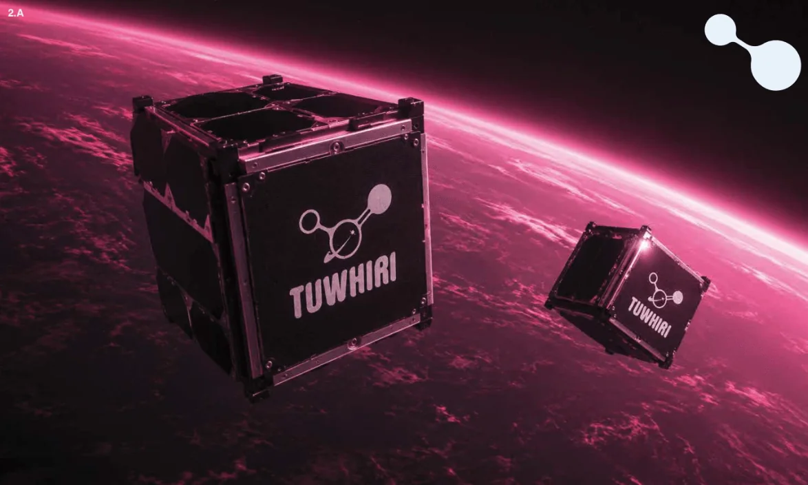 TUWHIRI cube satellites in orbit above a magenta-lit Earth, with the Ātea, Tohu and Te Pō colour names below