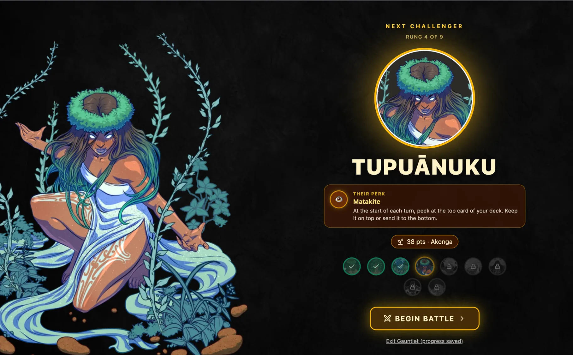 Next challenger screen - Tupuānuku, rung 4 of 9