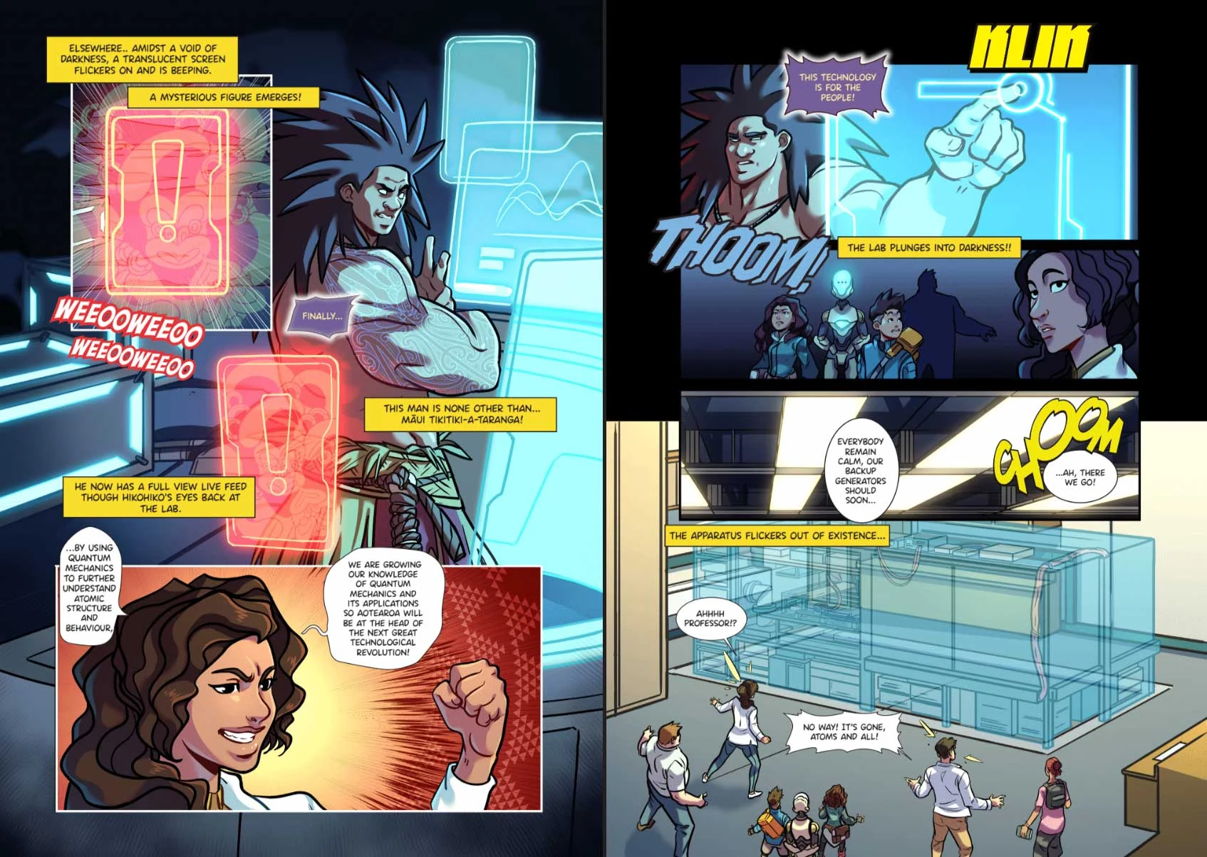 Quantum Comix interior spread - Māui emerges and the lab plunges into darkness