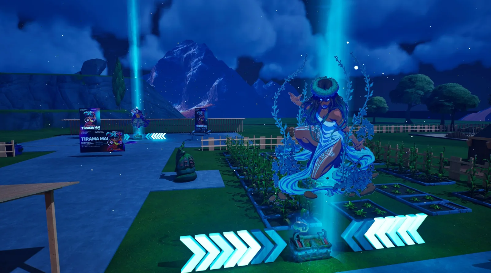 Atua character standing in the māra kai gifting abilities to players, with Tīrama Mai posters in the background