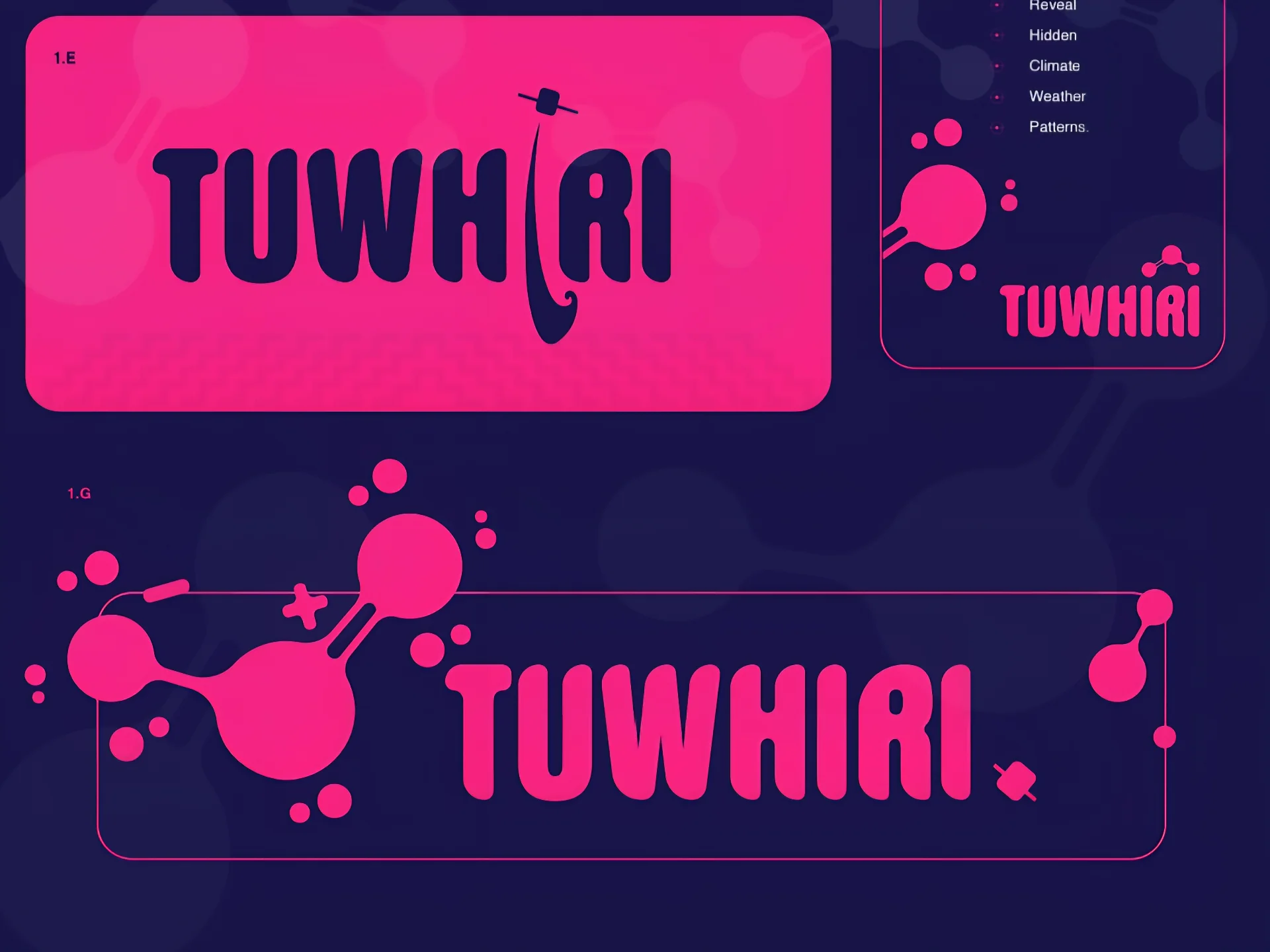 TUWHIRI wordmark detail - indigo lockup on Signal Magenta with poutama pattern, and the full molecule lockup reversed on deep indigo