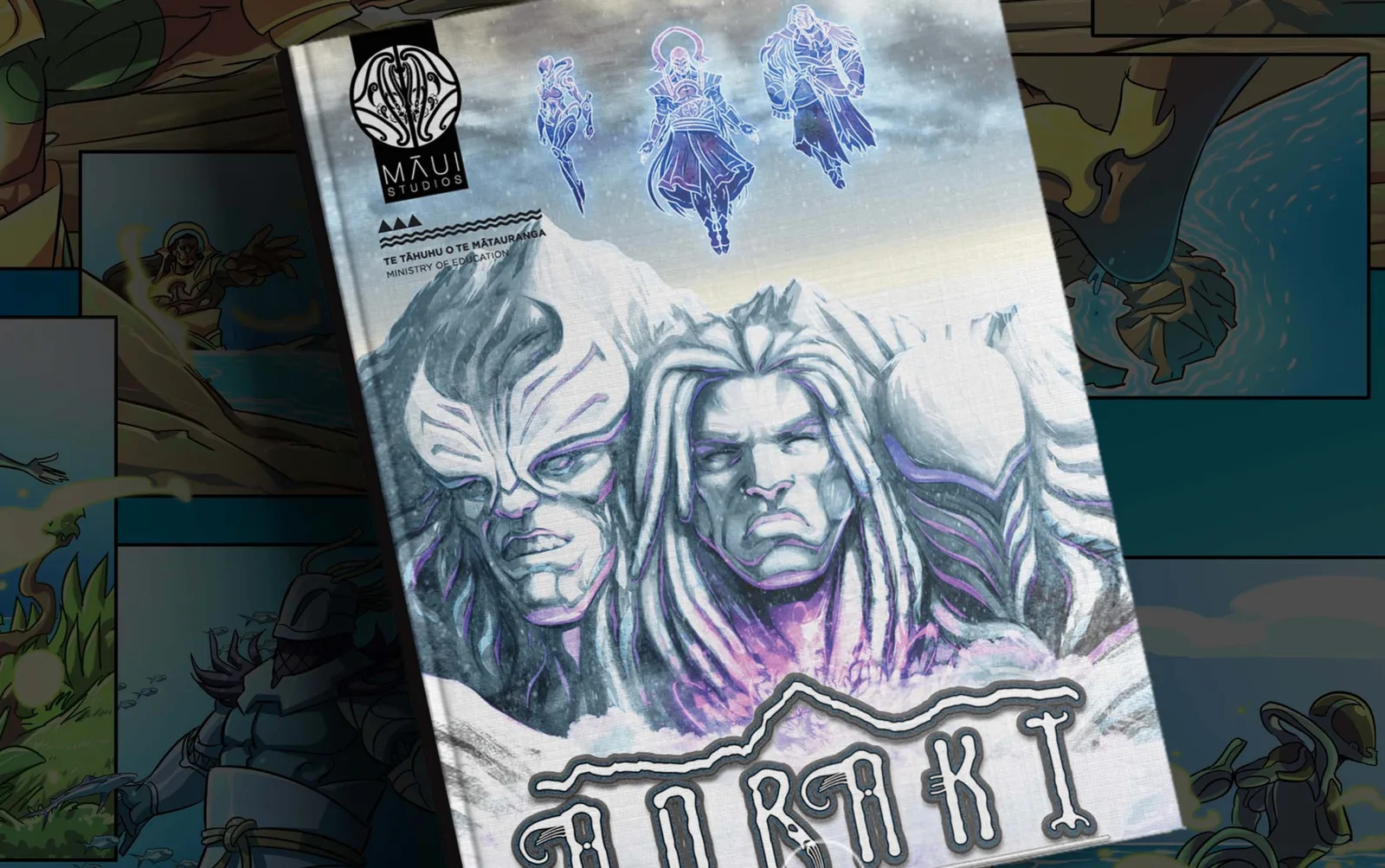 Aotearoa comic cover artwork with alpine imagery and stylised illustrated figures.