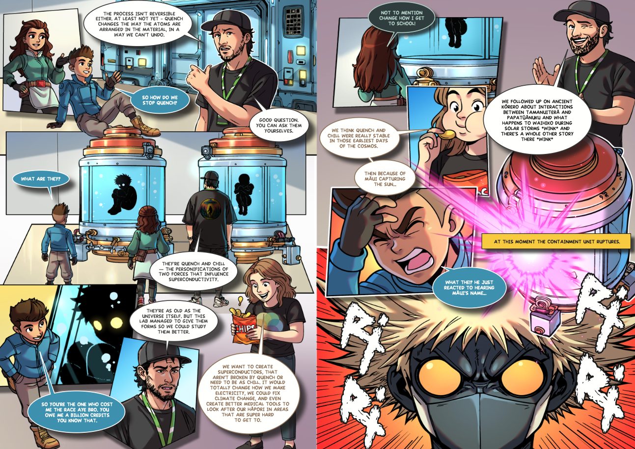 Wrath of Quench Pt I interior spread — Jessa explains quench and chill, the personifications of superconductivity, before the containment unit ruptures