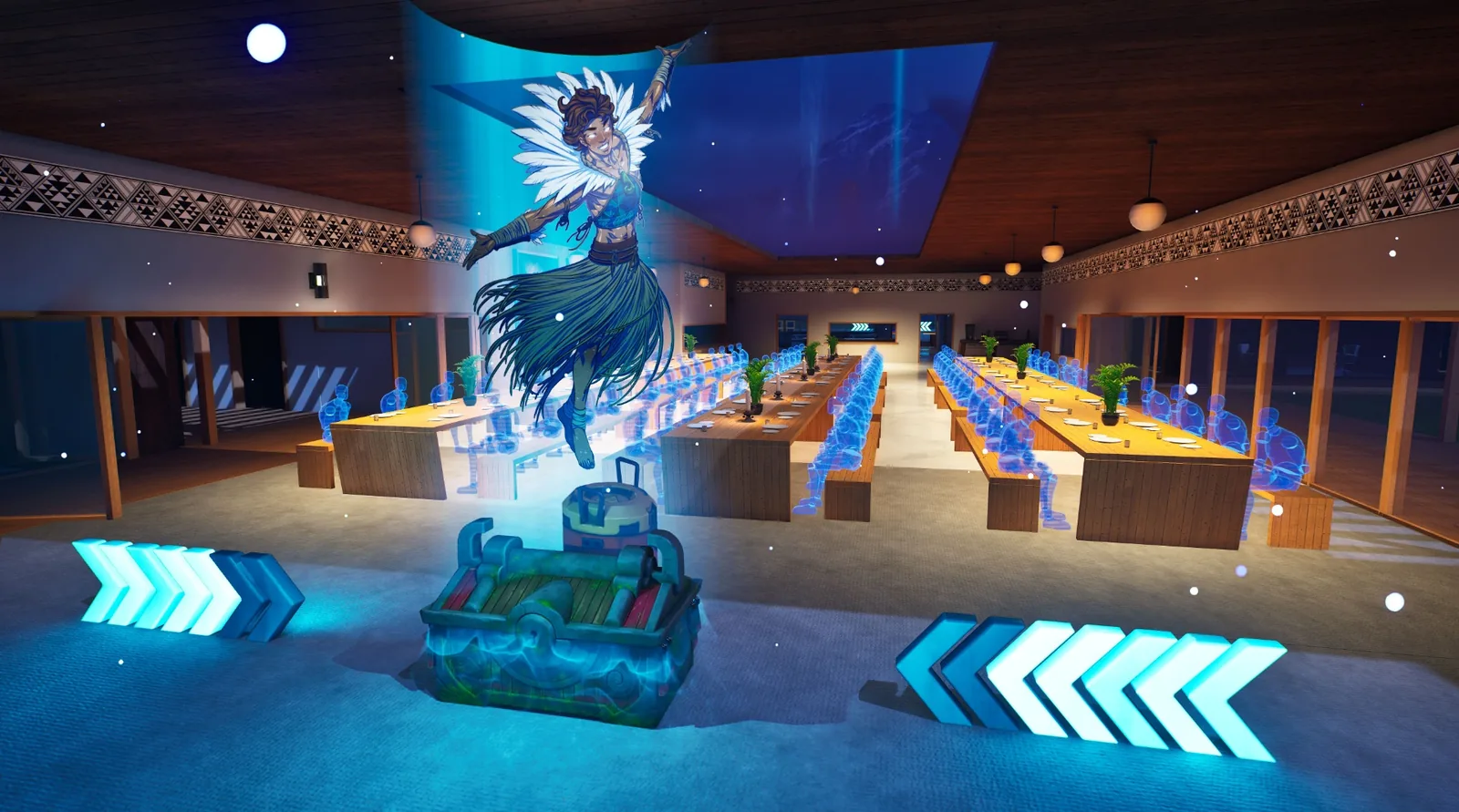 Wharekai dining hall with long tables, holographic guests and a glowing Atua presiding over the gathering