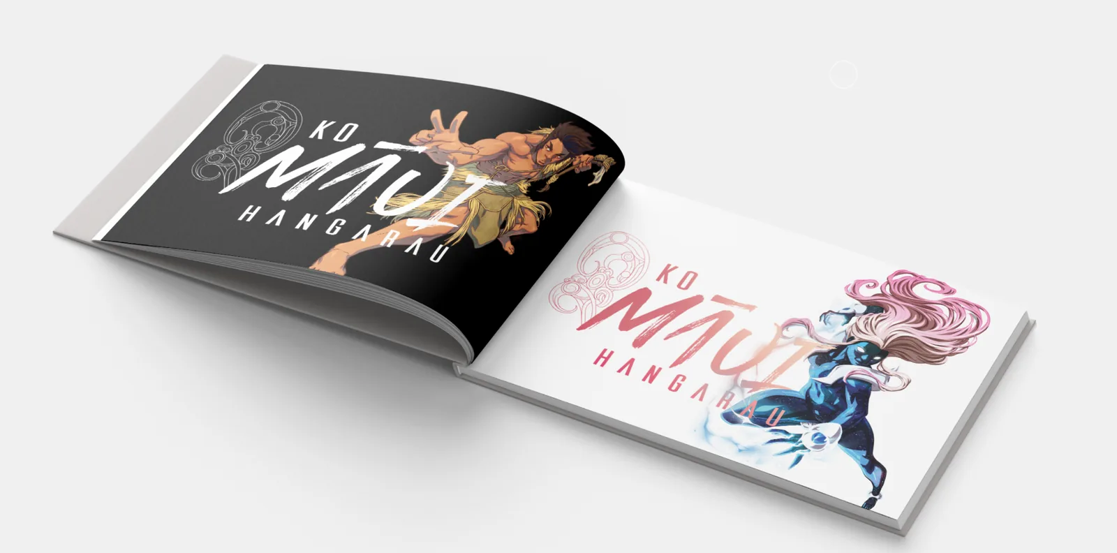 Open book spread showing Māui and Waihiko character lockups with brush wordmark