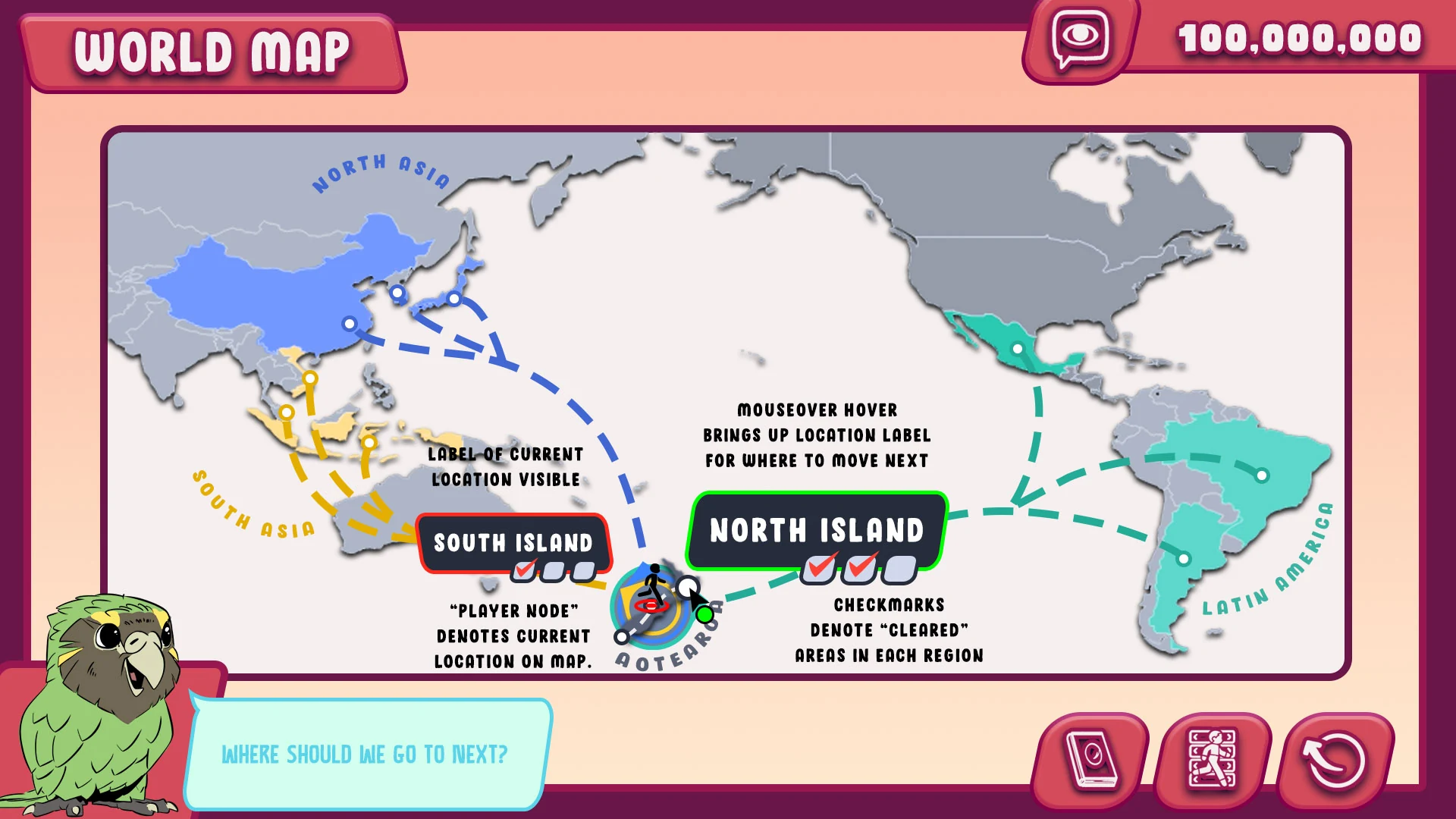 World map screen showing Asia-Pacific regions and player progression nodes