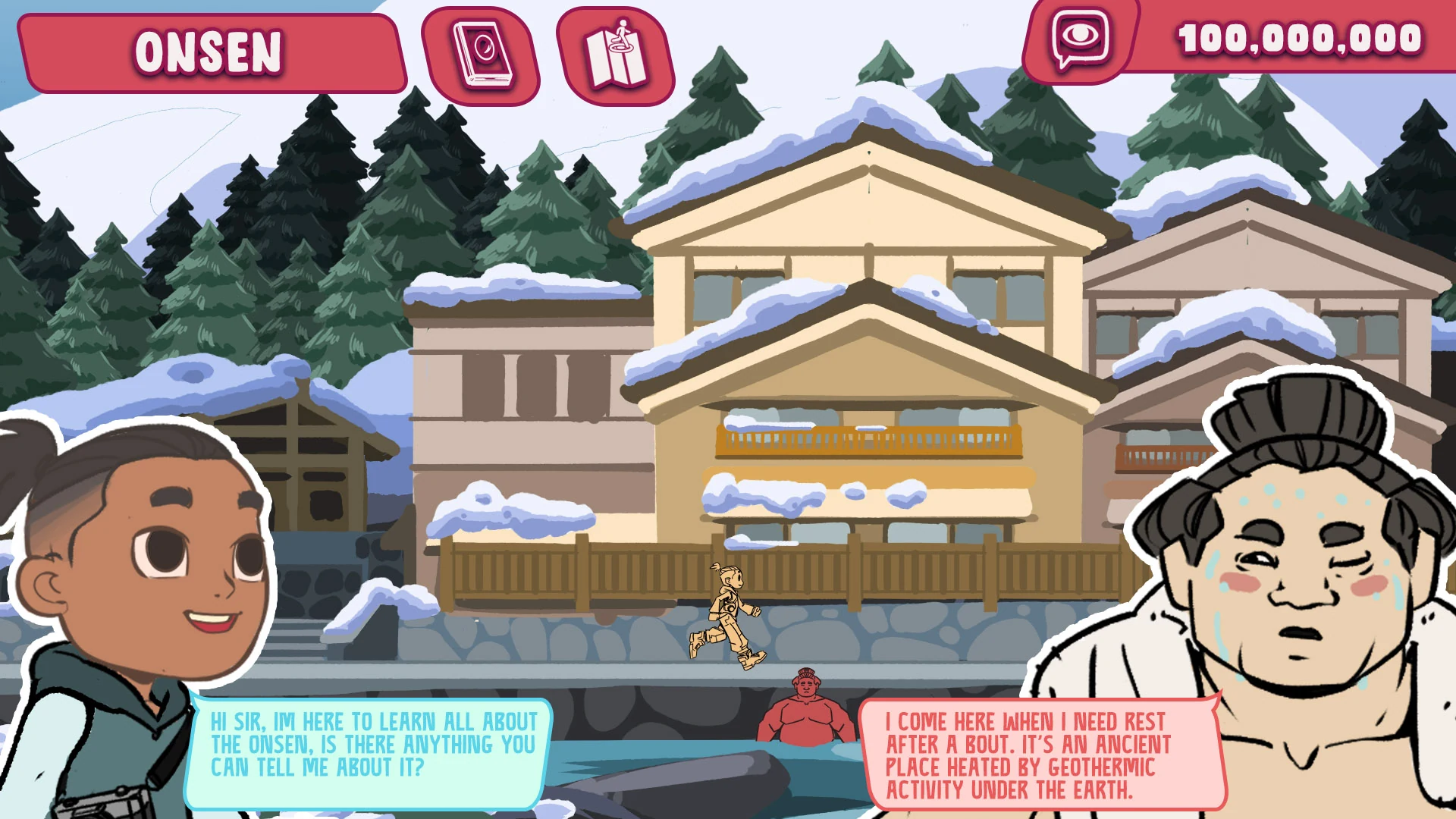 Onsen narrative scene with sumo character dialogue