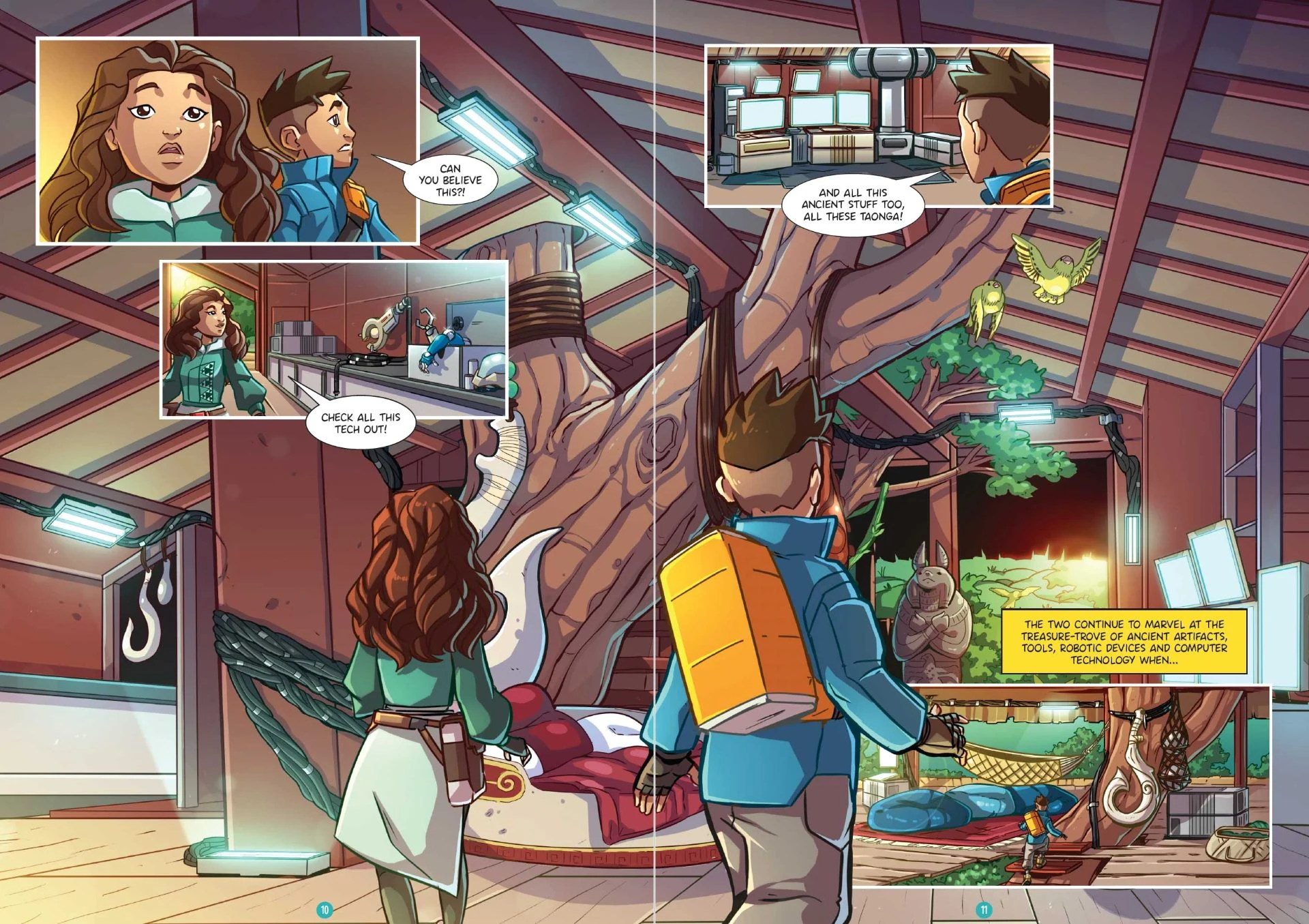Te Haerenga comic spread with rangatahi exploring the treehouse interior