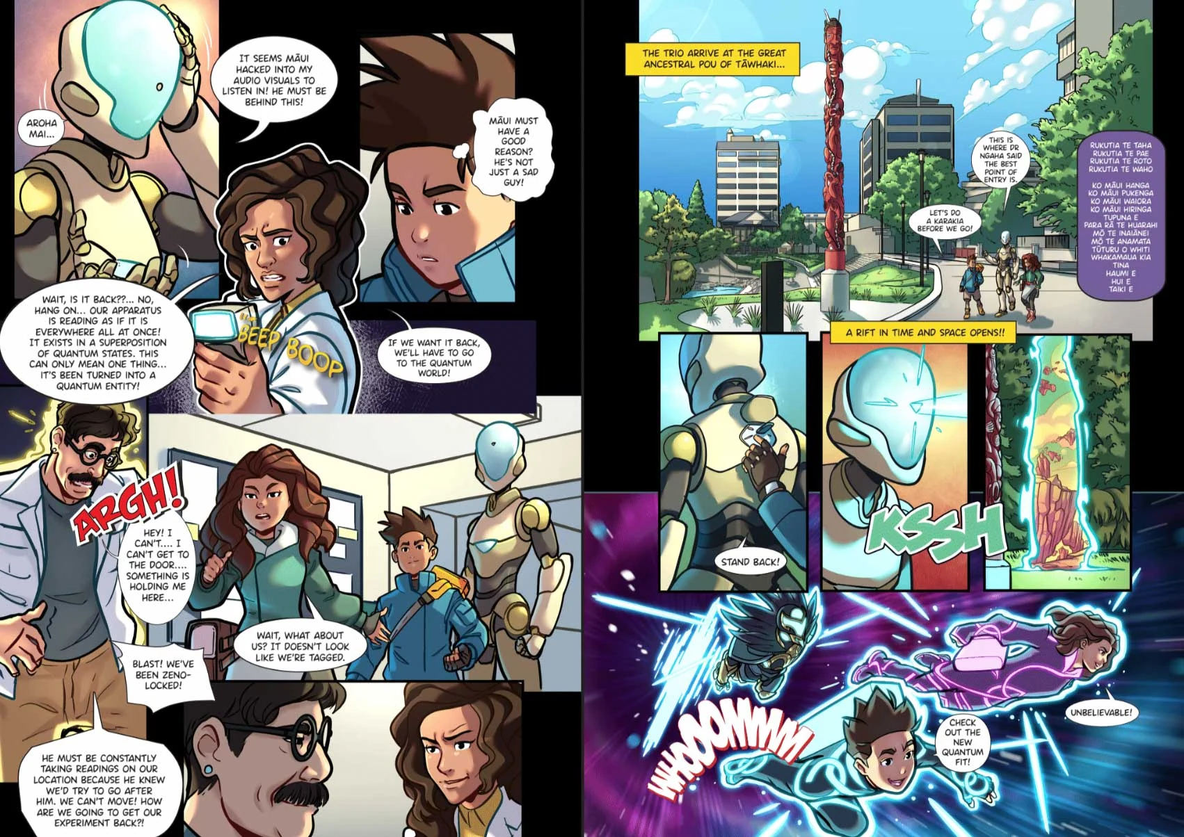 Quantum Comix interior spread - the trio enter a rift in time and space