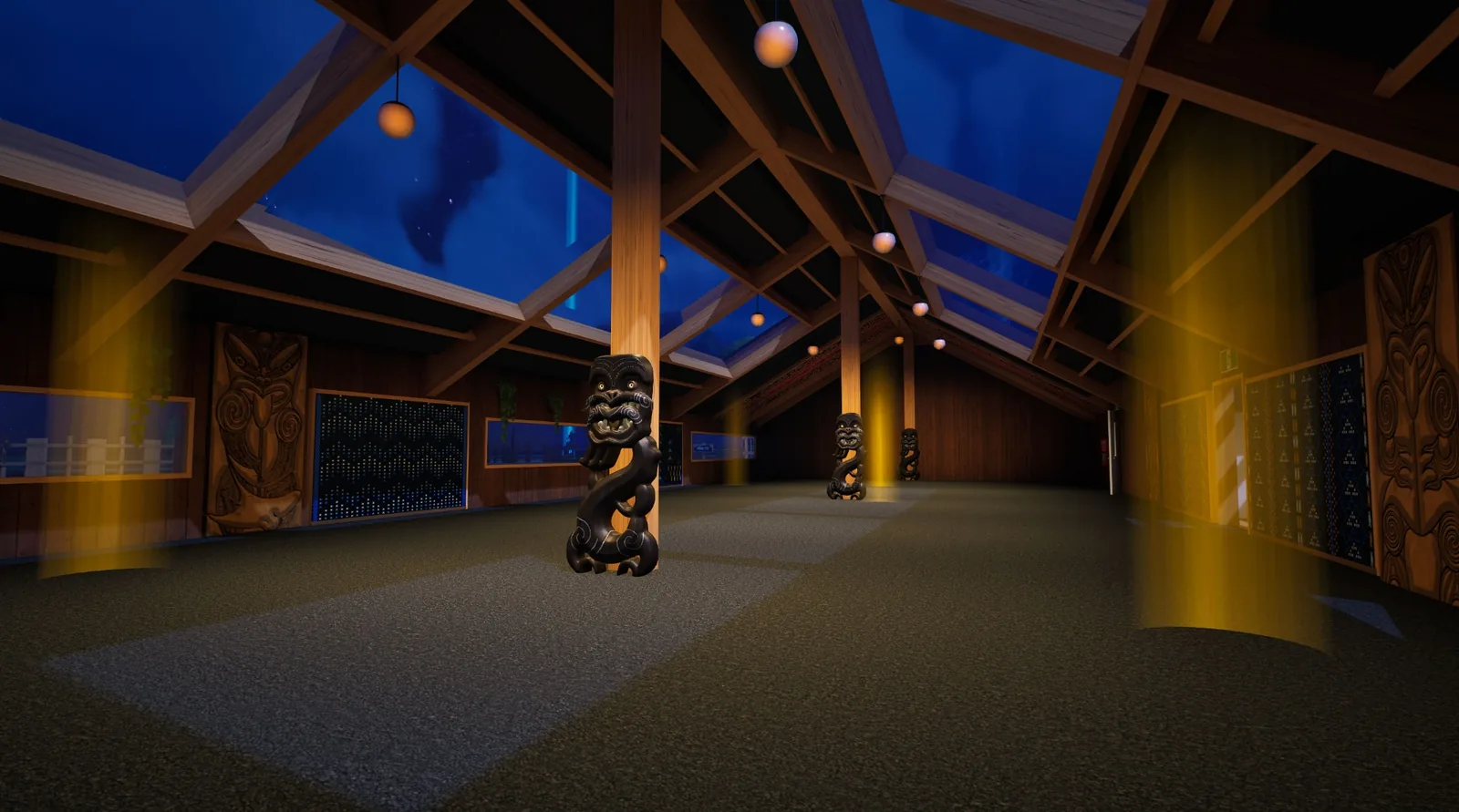 Interior of the virtual wharenui with carved poutokomanawa, tukutuku panels and timber rafters