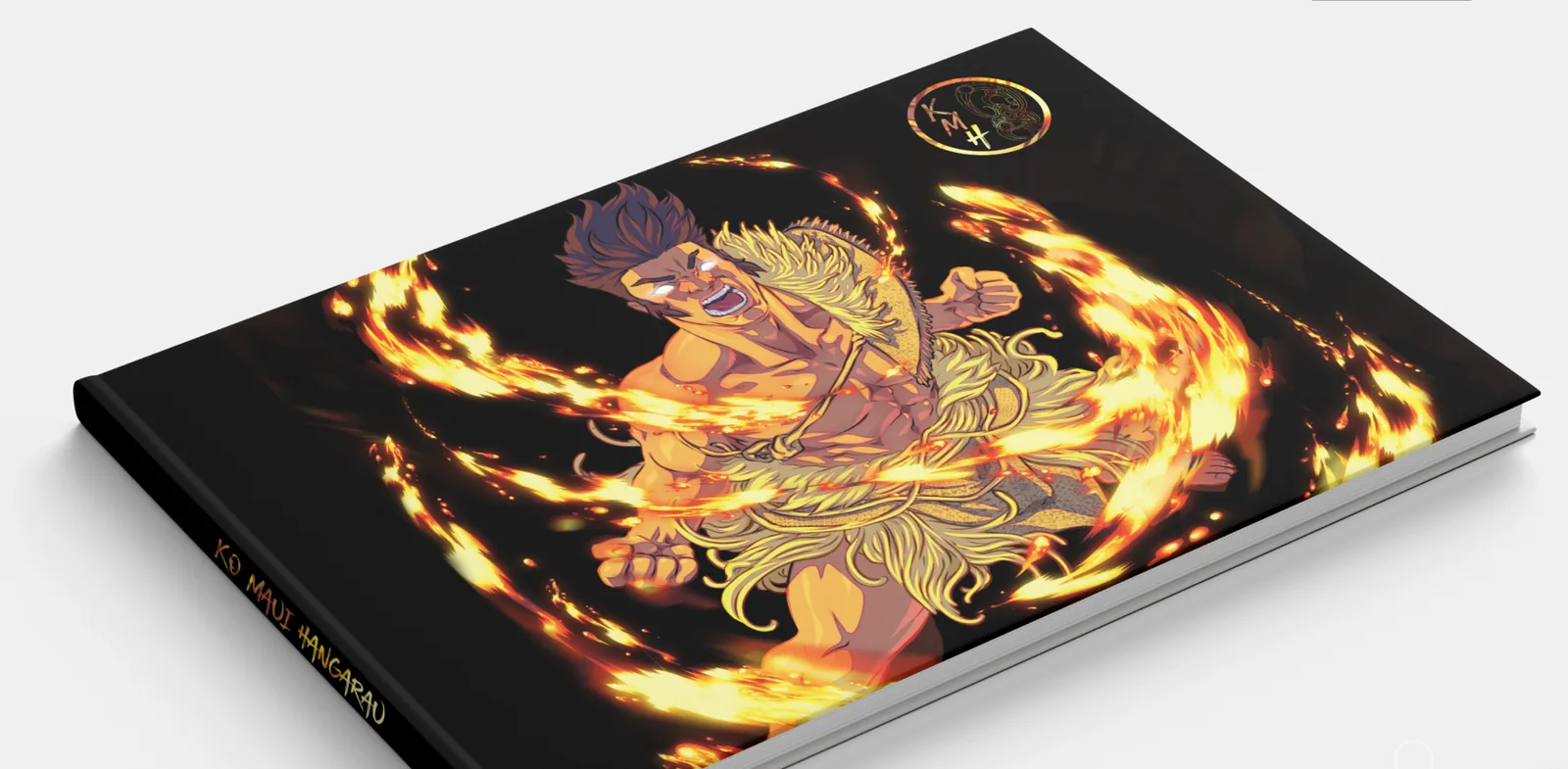 Ko Māui Hangarau book cover - Māui wreathed in fire with KMH gold monogram