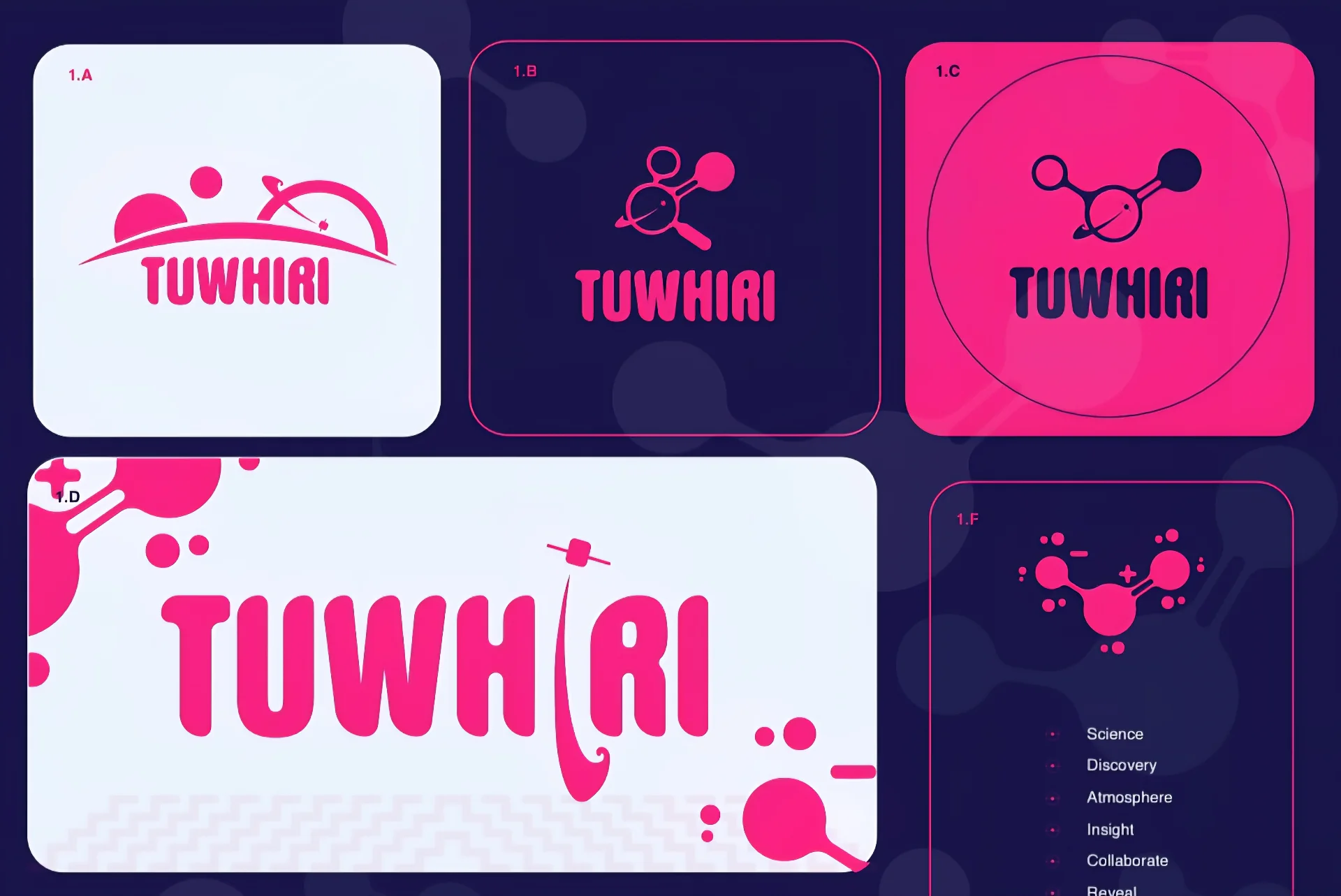 TUWHIRI logo suite - horizon, molecule, magnifying glass and stacked lockups across light, magenta and indigo backgrounds