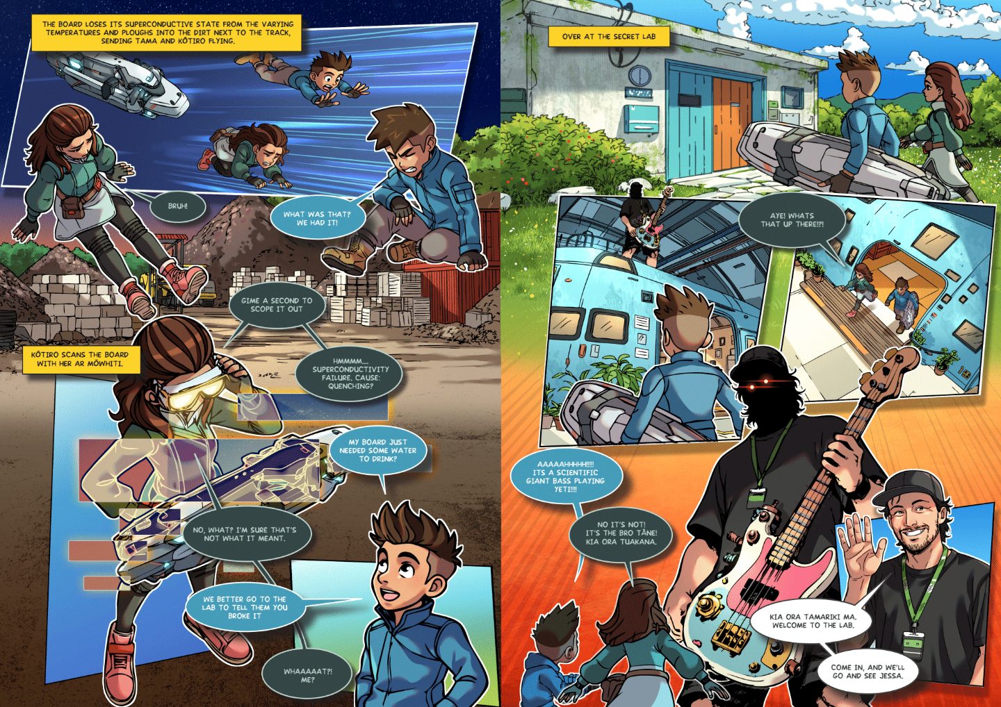 Wrath of Quench Pt I interior spread — Tama and Kōtiro crash after the hoverboard's superconductivity fails, then meet the Bro Tāne at the secret lab
