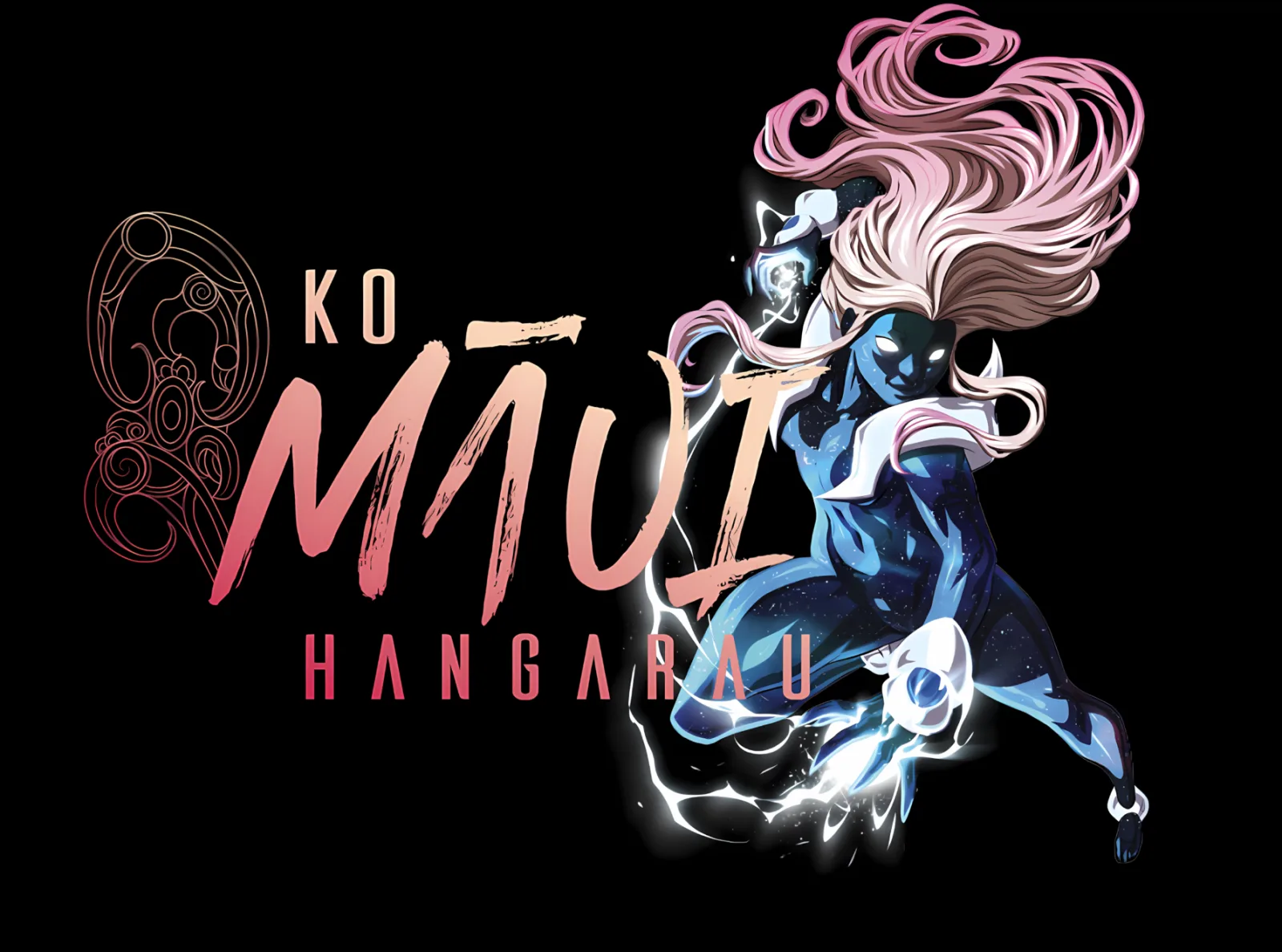 Ko Māui Hangarau brand key art - Waihiko elemental figure with brush wordmark