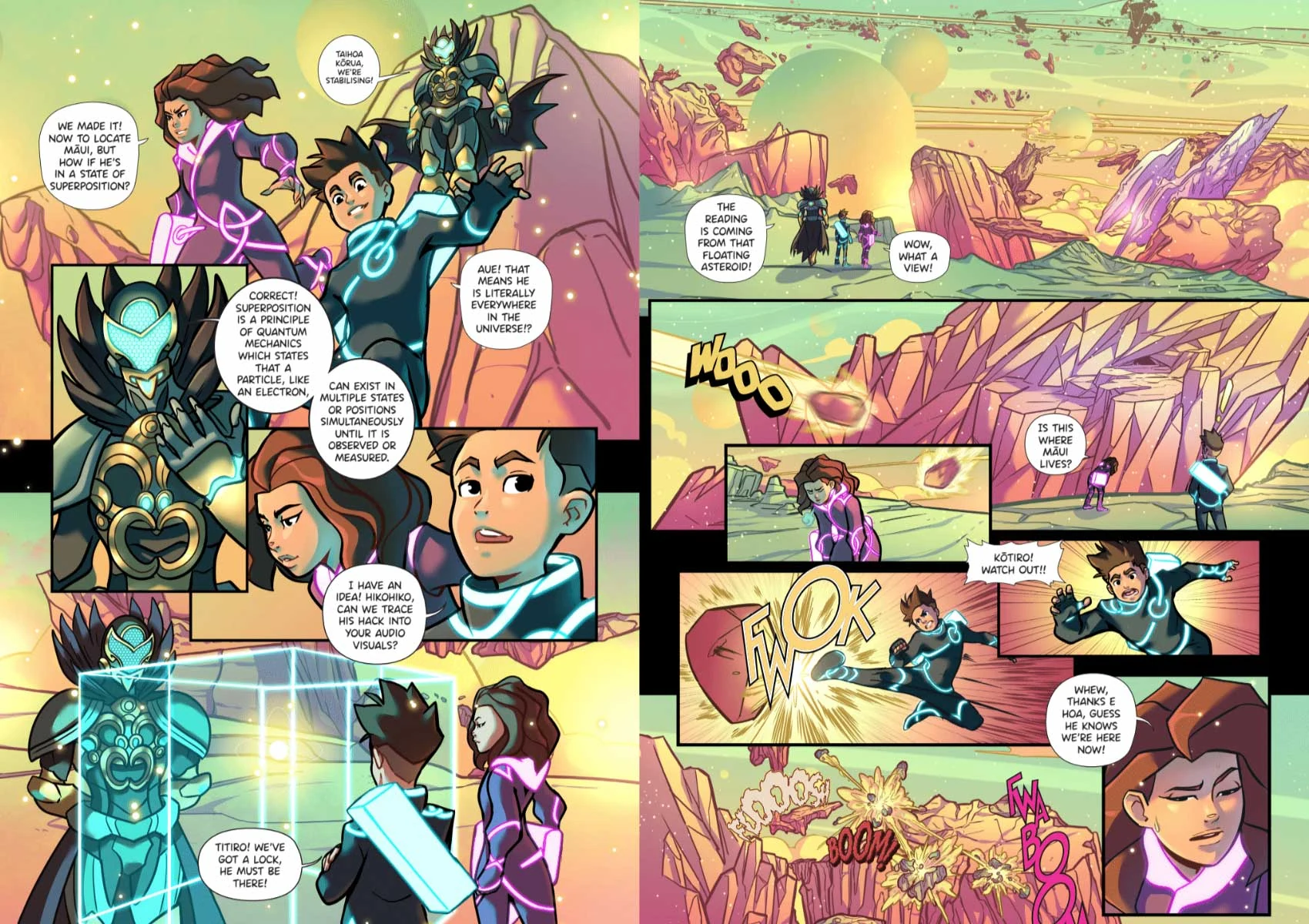 Quantum Comix interior spread - superposition and the quantum world