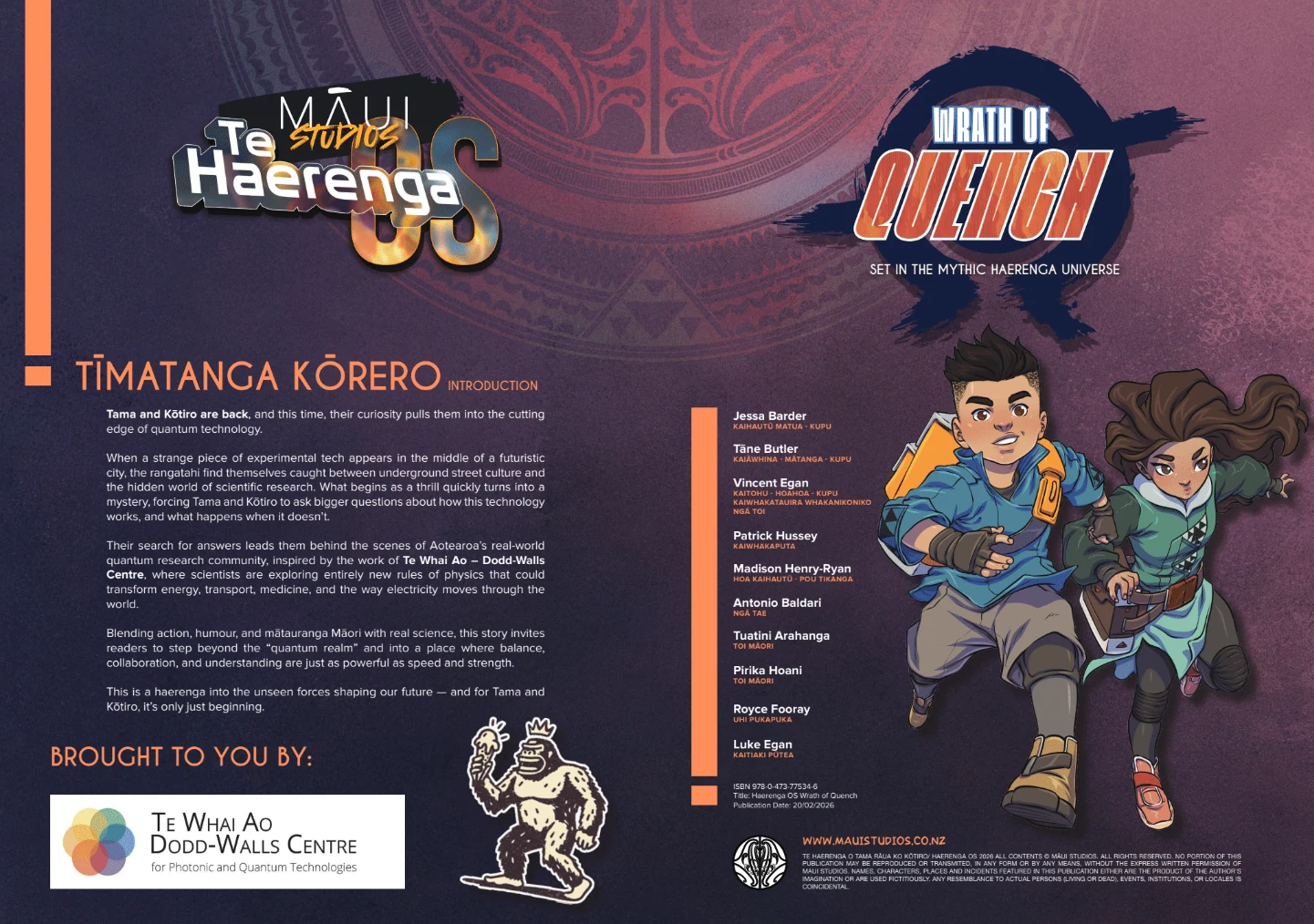Wrath of Quench introduction spread with credits and Te Whai Ao - Dodd-Walls Centre