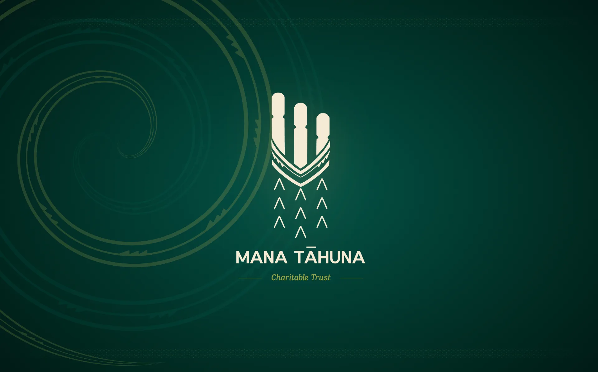Mana Tāhuna primary tohu - cream pouwhenua and korowai mark on deep whenua teal with kōwhaiwhai spiral