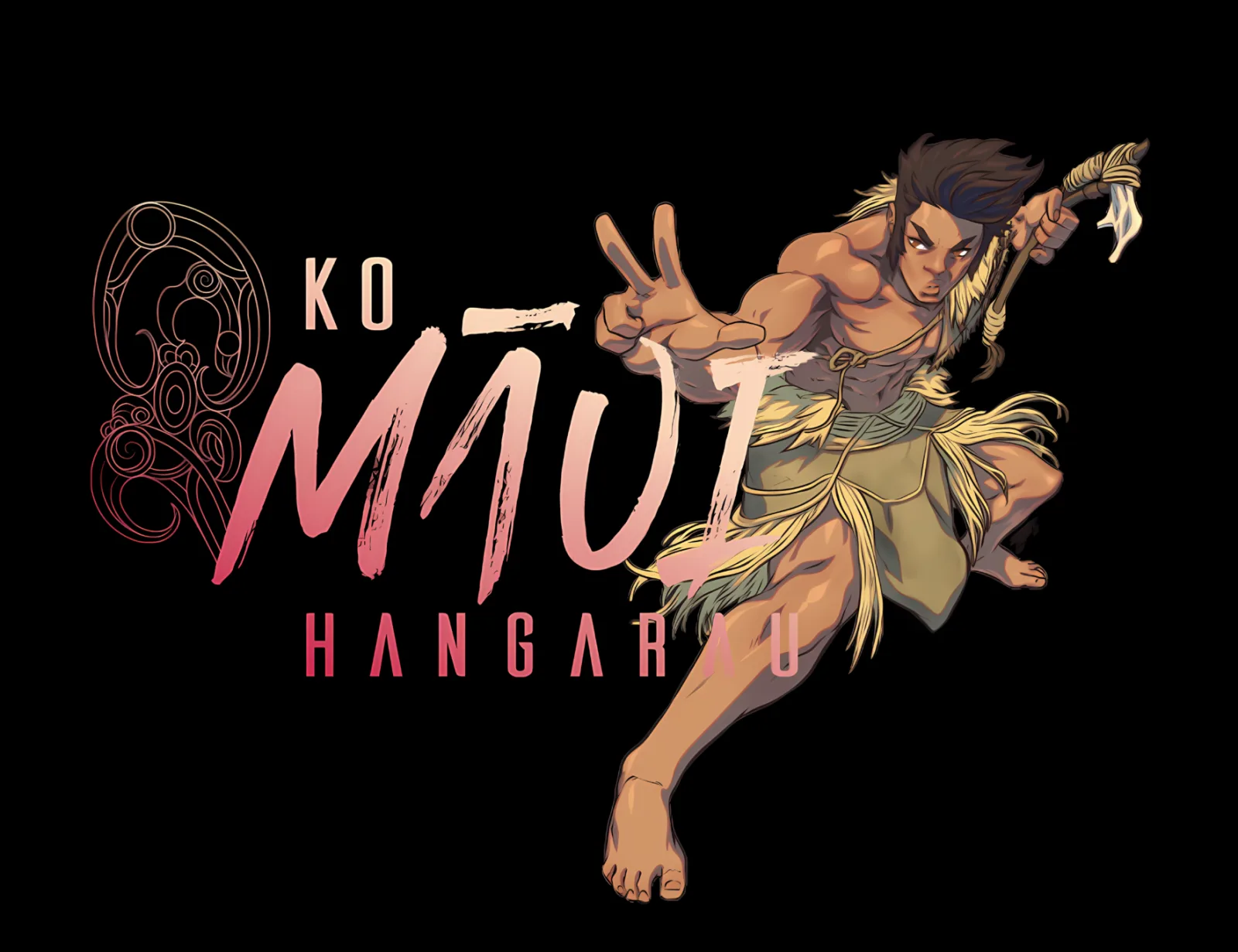 Ko Māui Hangarau brand key art - Māui warrior with brush wordmark