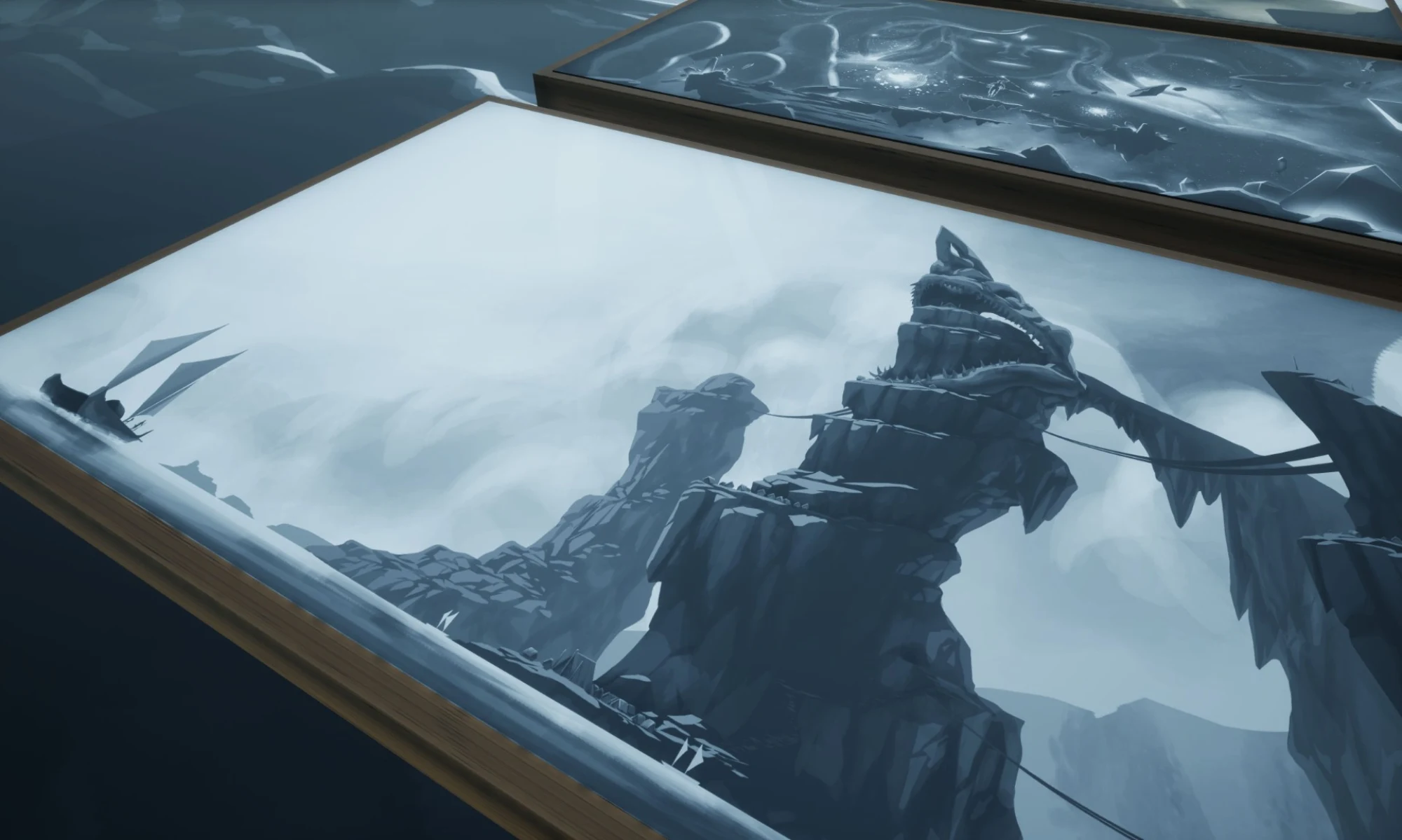 Dragon-headed spire rising from a misted mountain realm in the Mythic Tāne world