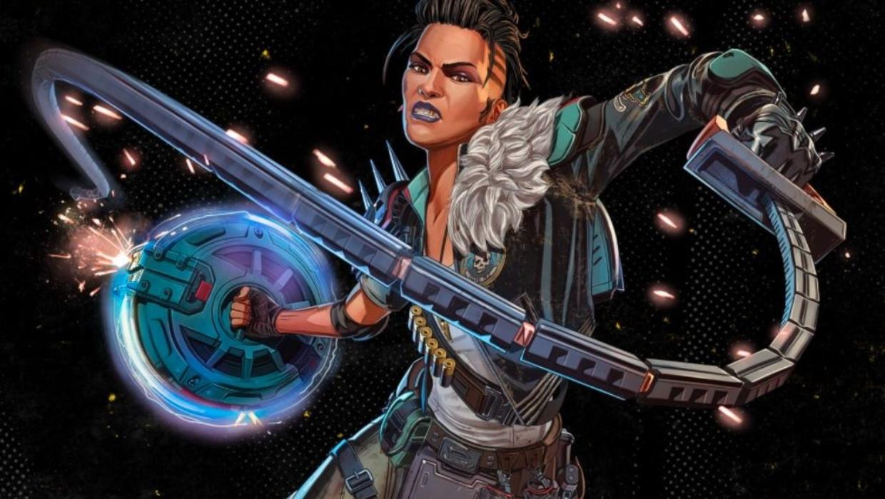 Mad Maggie wielding her Peacekeeper riot drill in Apex Legends key art