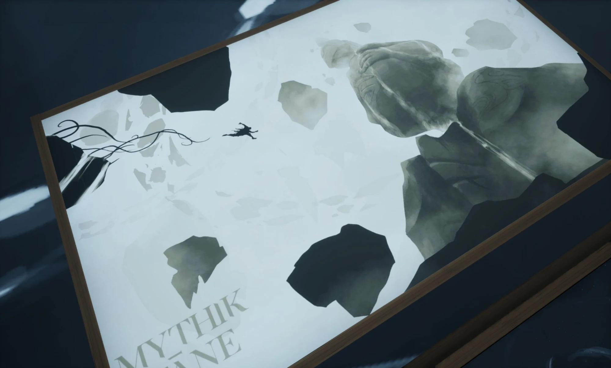 Mythic Tāne title plate - Tāne leaping between floating shards toward a colossal stone deity